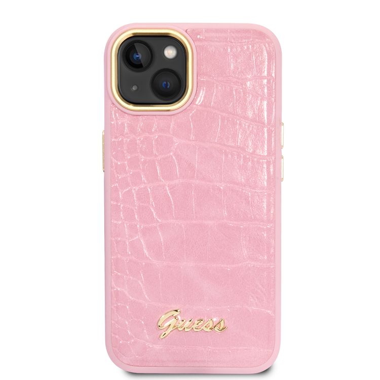 Guess PU Croco Case with Metal Camera Outline, Latest Design iPhone 14 Plus Compatibility - Pink