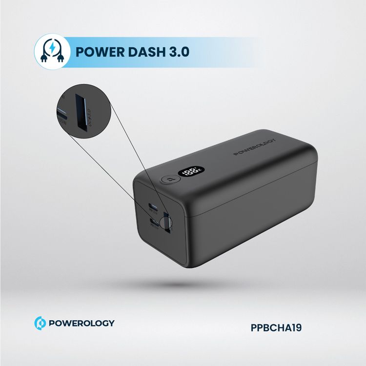 Powerology 20000mAh 65W Onyx Power Bank, Overcharging Protection, USB-A & x2 USB-C Output, LED Display, Fast Charging, Compatible With Laptop  - Black