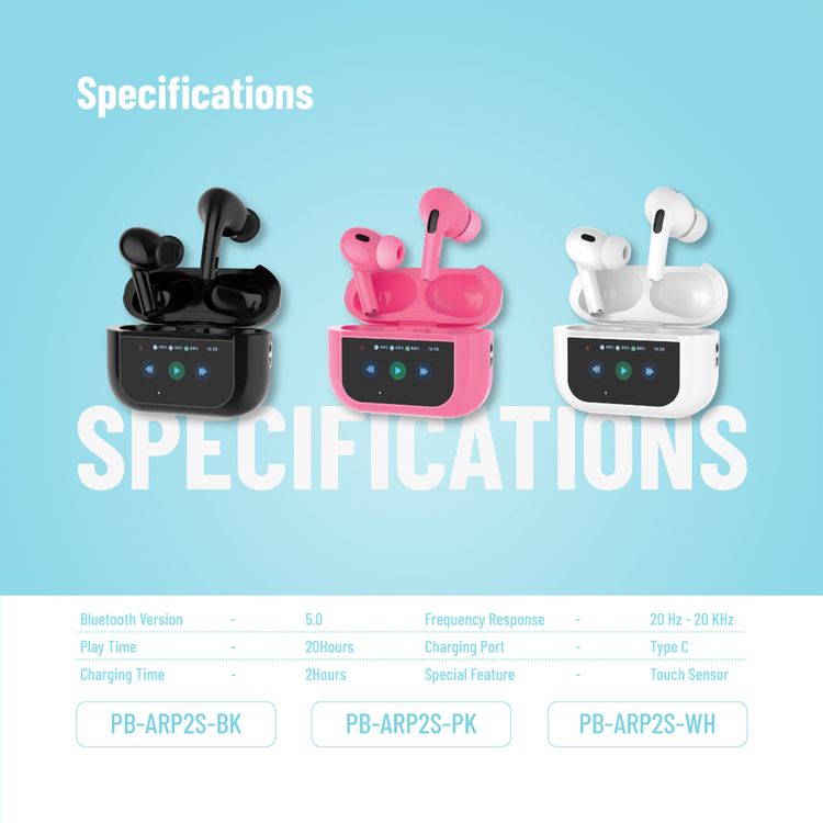 Porodo Blue AirPods Pro2 with Screen, Deep Bass, Touch Control, Camera Shutter, Music Playback, Call Management, 20 Hours Working Time, 1.47 inches Screen size - White