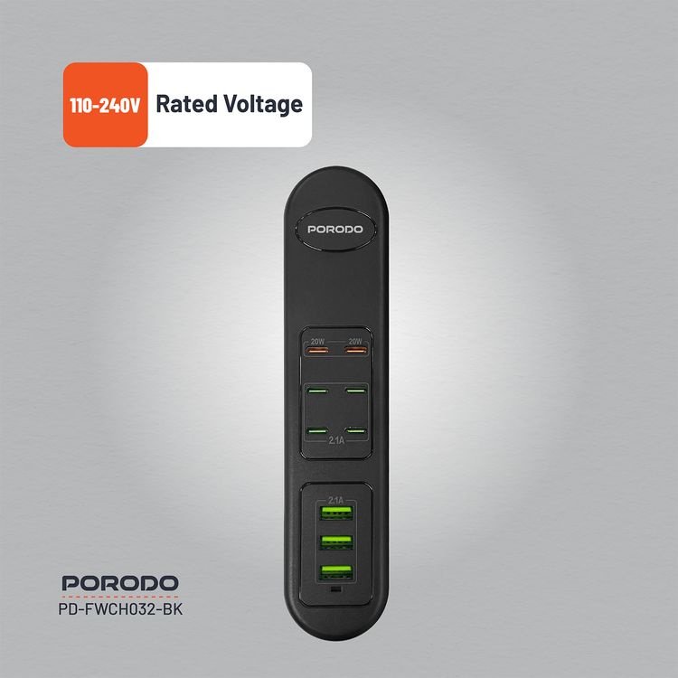 Porodo 50W Multi-Port USB Charging Hub with 20W Power Delivery, Simultaneous Charging, 2m Cable Length, Fast Charging Support, Built-in Safeguards - Black