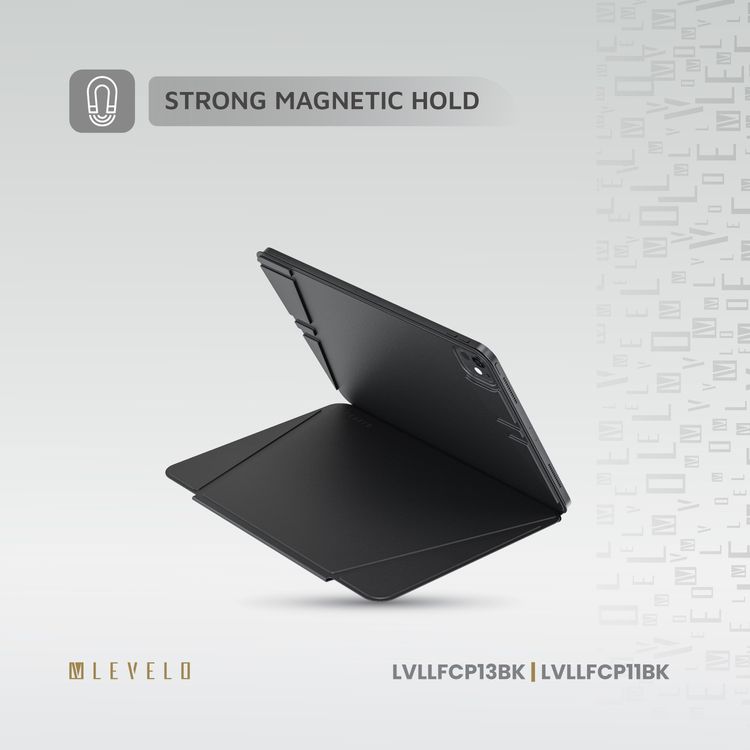 حافظة Levelo Luxora Folio لجهاز iPad Pro 13 بوصة، تتميز بقوة مغناطيسية عالية، تصميم متعدد الطيات، قابلية لتعديل الارتفاع - أسود