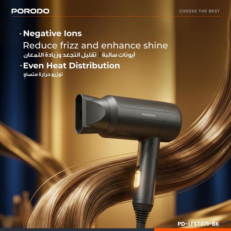 Porodo Lifestyle 1200W Foldable Hair Dryer with 1.8m Cable Length, Concentrator Nozzle, One-Slide Switch, Overheat Protection, Powerful Airflow, UK 3-Pin Plug, Portable - Black