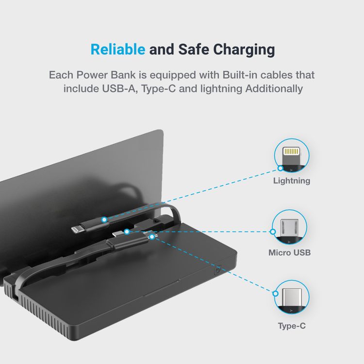 Powerology 8-in-1 Power Bank Station 8000mAh With Built-in Cable, Portable Power Bank and 1 Rapid Recharging Station Compatible iPhone Devices, Type C Charging Ports - Silver