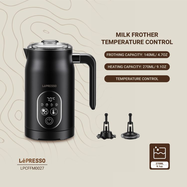 LePresso Four Froth Milk Frother, 270mL Heating Capacity, 140mL Frothing Capacity, 3-Pin UK Plug, Temperature Control - Black