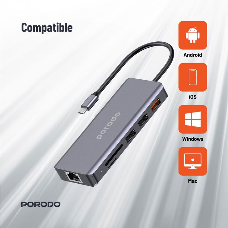 Porodo 9-in-1 USB-C Hub 4K HDMI Ethernet with 100W Power Delivery, 3.5mm Aux, USB-C Version 3.2, 10Gbps Data Transfer Speed, SD & Micro SD Memory Slot - Gray
