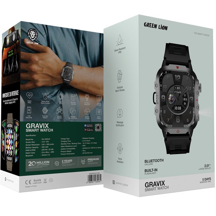 Green Lion Gravix Smart Watch with Multiple Sport Modes, 200mAh Battery Capacity, Remote Capture, IP65 Water Resistance Level, Bluetooth Version 5.3, Heart Rate Monitor  - Black 