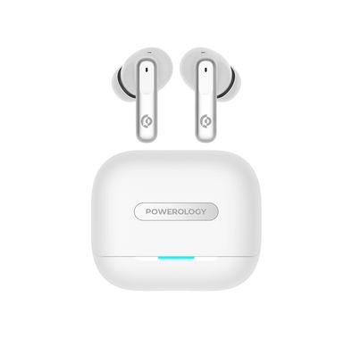 Powerology Hybrid True Wireless Earbuds with ANC + ENC, 6 Microphone, Bluetooth Version 5.3 & Type-C Charging Port - White 