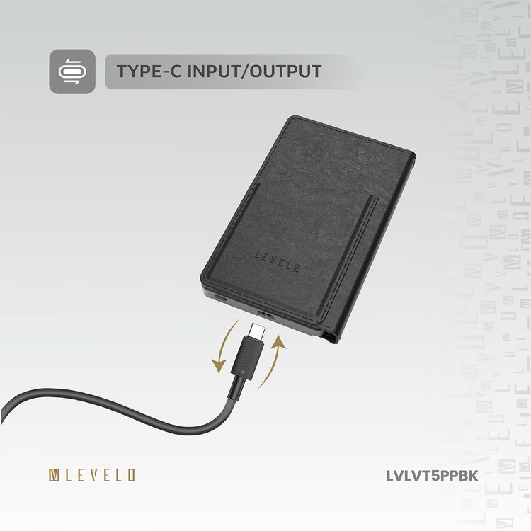 باور بانك محمول 3 في 1 من ليفيلوا فيرمونت، سعة بطارية 5000 مللي أمبير/ساعة، بطارية ليثيوم أيون، مصنوع من الألومنيوم + جلد البولي يوريثان، شحن سريع - أسود