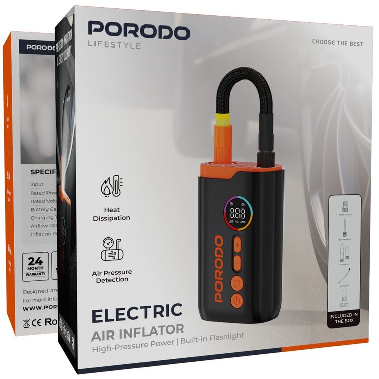 Porodo Electric Air Inflator with 150PSI High-Pressure Power, 4 Inflation Mode, 30cm Cable Length, USB-C Charging Cable, Up to 5 Hours Charging Time, Detects Air Pressure - Black