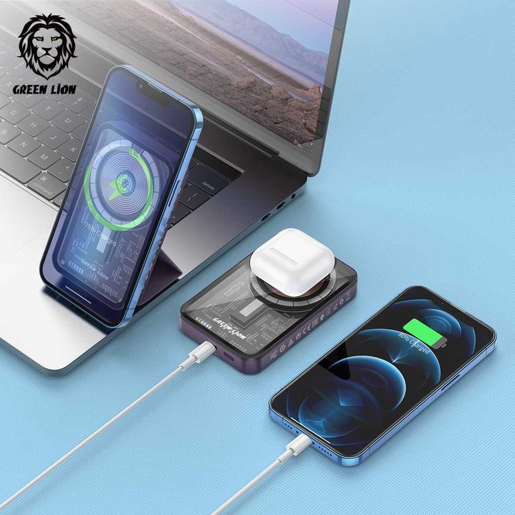 Green Lion 3 in 1  Transparent Magsafe Power Bank, 15W Wireless Output, 5000mAh, PD 20W, Wireless & Type C Output with Leather Stand - Purple
