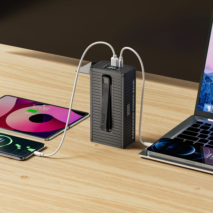 Green Lion Container 30000mAh Power Bank with 4 in 1 Charging Cable, Built-in Flashlight, Digital Display, PD20W Fast Charging, QC3.0 22.5W, Built-in Carry Strap - Black