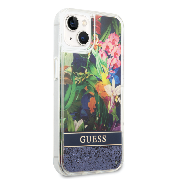 Guess Liquid Glitter Case with Flower Pattern Extra Shine Smooth Touch Feel iPhone 14 Compatibility - Blue