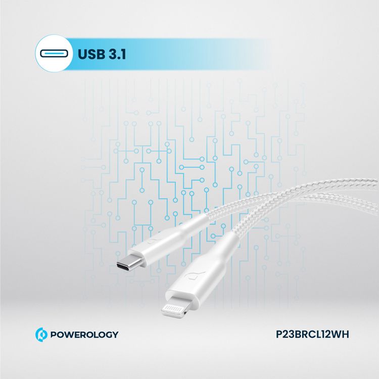 كابل شحن باورولوجي مضفر من USB-C إلى Lightning مع الشحن السريع ونقل البيانات، بقدرة توصيل طاقة 60 واط، وتوافق عالمي، بطول كابل 1.2 متر - أبيض