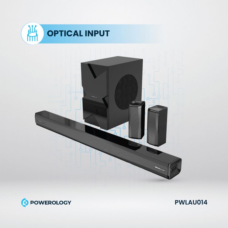 Powerology 5.1CH Home Theater Soundbar with Dolby Audio with Wireless Subwoofer/Surround, 10M Bluetooth Range, LED Display, Remote control, TV ARC Input, USB & AUX Port -  Black