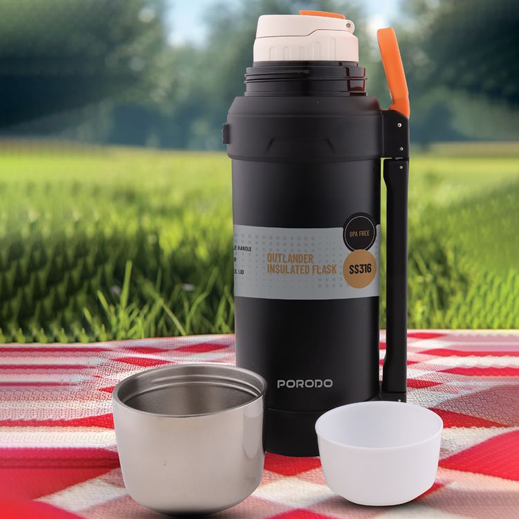 Porodo Lifestyle Outlander Insulation Flask with Triple-Wall Copper Insulated, Leak-Proof Lid, 2L Capacity, Keep Hot & Cold Up to 24 Hours, Food-Grade Stainless Steel - Black