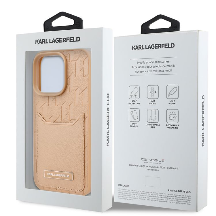 Karl Lagerfeld PU Hard Case for iPhone 16 Pro Max with Card Slot & Monogram Design Logo, Drop Protection, Easy Snap-on, Slim Profile, Lightweight, Sustainable Packaging - Brown