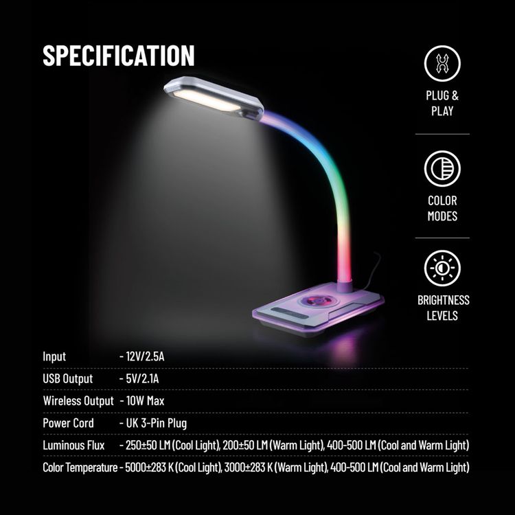 Porodo Gaming E-Sports Desk Lamp with Charging Base, Viewing Angle Adjustment, Colorful Light Adjustment, Brightness Levels, Plug & Play, 10W Max Wireless Output - White