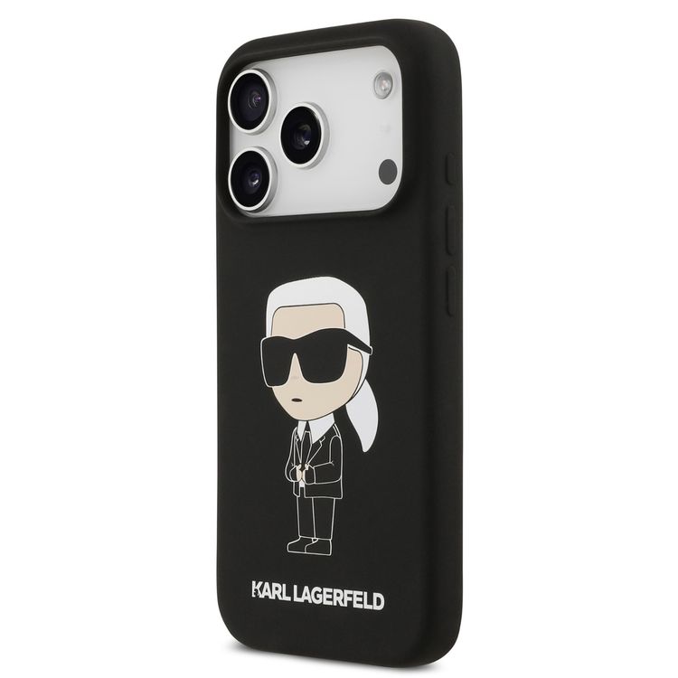 غطاء كارل لاغرفيلد من السيليكون السائل بشعار Ikonic NFT لهاتف آيفون 17 برو ماكس، حماية من السقوط، تصميم نحيف، سهل التركيب، تغليف مستدام، قبضة مريحة، تصميم خفيف الوزن - أسود