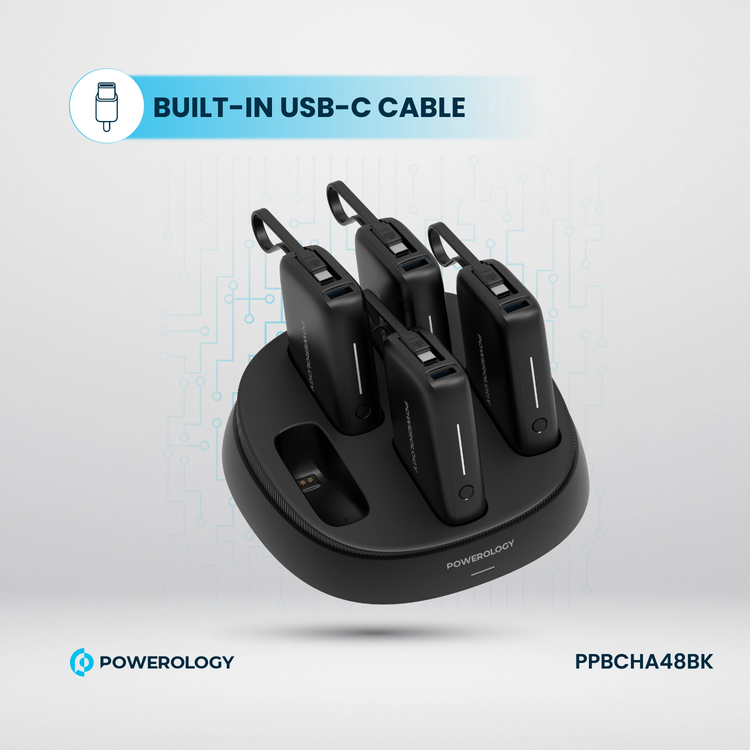 Powerology 5 x 10000mAh Power Bank Station with 50W PD, USB-A, USB-C, Type-C Built-in Cable, 12V/1A Max Contact Input, Rapid Recharging Station, High-Density Batteries, Type-C Built-in Cable, 5V/3A Total Output, Built-in Safeguards - Black