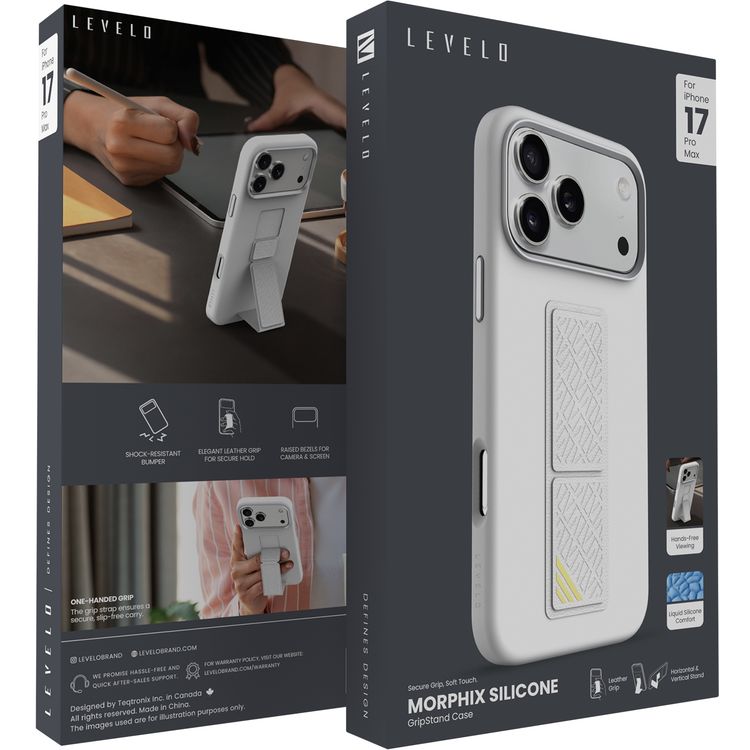 جراب Levelo Morphix Silicone GripStand لجهاز iPhone 17 Pro Max، للعرض بدون استخدام اليدين، بطانة داخلية من الألياف الدقيقة الحقيقية، حامل أفقي وعمودي، مصد مقاوم للصدمات، حواف مرتفعة للكاميرا والشاشة، تصميم نحيف - فضي