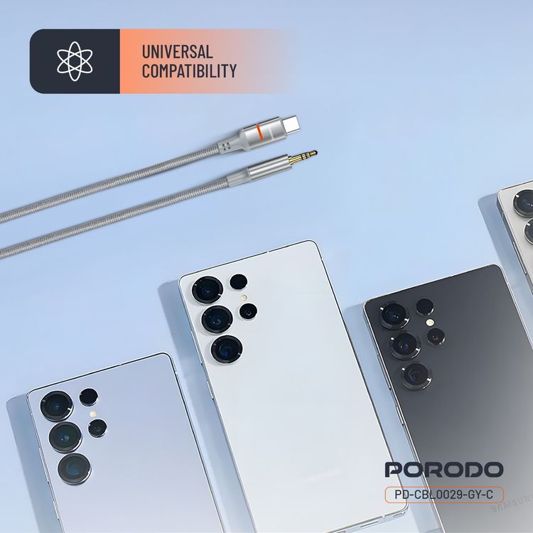 Porodo AUX to USB-C Cable with LED Light, 1.2m Cable Length, Universal Compatibility, Braided Cable Type, Tangle-Free Design - Gray