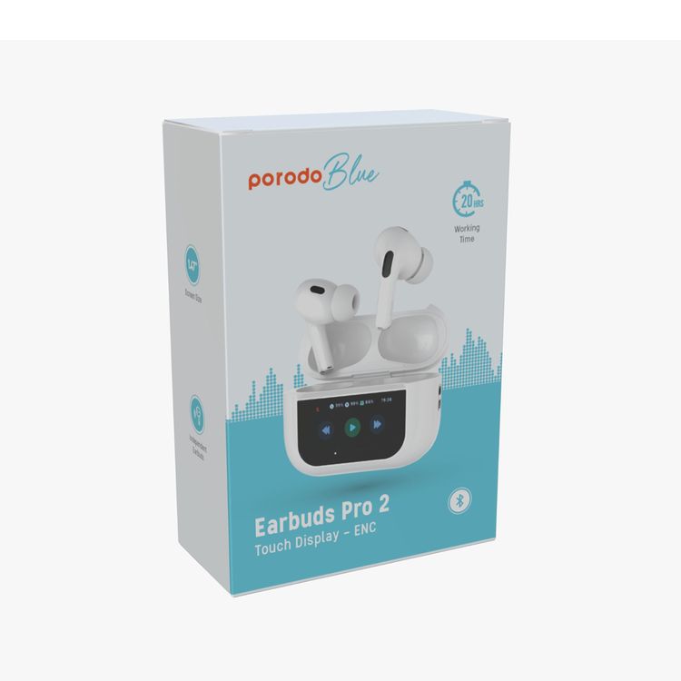 Porodo Blue AirPods Pro2 with Screen, Deep Bass, Touch Control, Camera Shutter, Music Playback, Call Management, 20 Hours Working Time, 1.47 inches Screen size - White