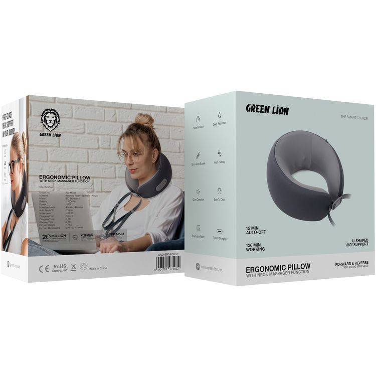 Green Lion Ergonomic Pillow with Neck Massager Function, Quick-Lock Buckle, Breathable Fabric, Quiet Operation, Heat Therapy, Easy to Clean, Powerful Motor, Type-C Charging - Gray