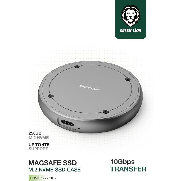 Green Lion MagSafe M.2 NVMe SSD Case with Aluminum Alloy & Silicone Pad Material, Type-C Port, Supports Windows, MacOS, iOS, Linux, Android - Gray