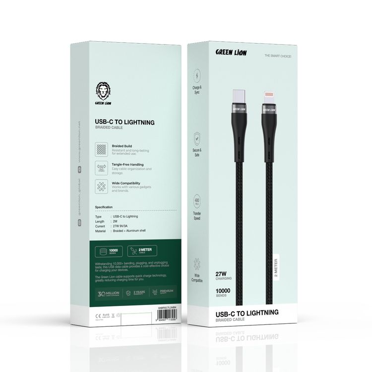 كابل جرين ليون USB-C إلى Lightning مضفر بطول 2 متر، معالجة خالية من التشابك، توافق واسع، شحن ومزامنة، آمن ومضمون، سرعة نقل بيانات 480 ميجابايت في الثانية، عمر افتراضي 10000 انحناء، مادة غلاف من الألمنيوم - أسود.