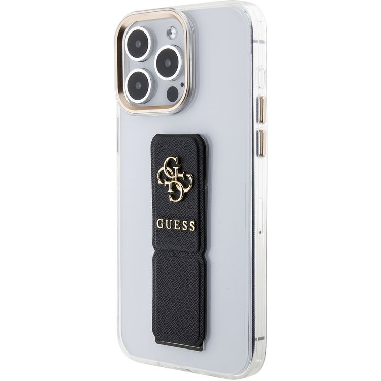 Guess Gripstand Clear Case with Saffiano Grip Leather & 4G Logo for iPhone 15 Pro Max -Black - أسود