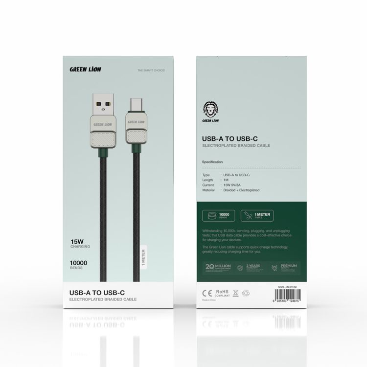 Green Lion USB-A to USB-C Electroplated Cable with 15W Current, 1m Cable Length, Braided Outer Material, 480Mbps Transfer Speed, 10,000 Bends Lifespan - Black / Green
