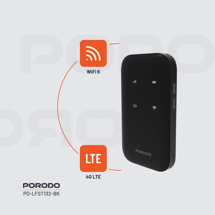 Porodo 4G Wireless Pocket Router with Secure Encryption, 10 Connected Devices, 3000mAh Battery Capacity, 8.5 Hours Working Time, Type-C Charging Port, WiFi 6 Standard, Lightweight and Portable - Black