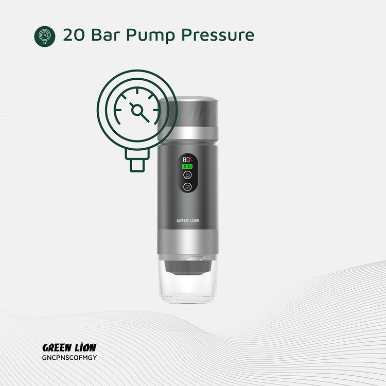 Green Lion Campinas Portable Coffee Maker with 150mL Coffee Cup Capacity, 20 Bar Pump Pressure, 70 Seconds Fast Extraction Time, Carrying Bag Included, 90°C Heating Temperature - Gray