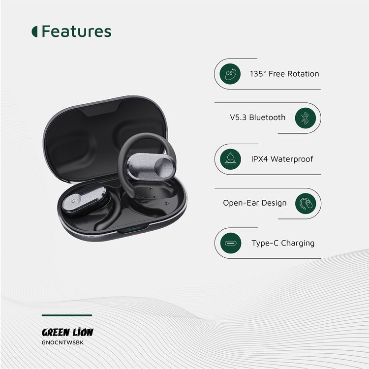 Green Lion Ocean Open-Ear Earbuds with Open-Ear Design, Up to 6 Hours Playtime, 135° Free Rotation, Game Mode, Low Latency, 180 Hours Standby Time, IPX4 Waterproof - Black