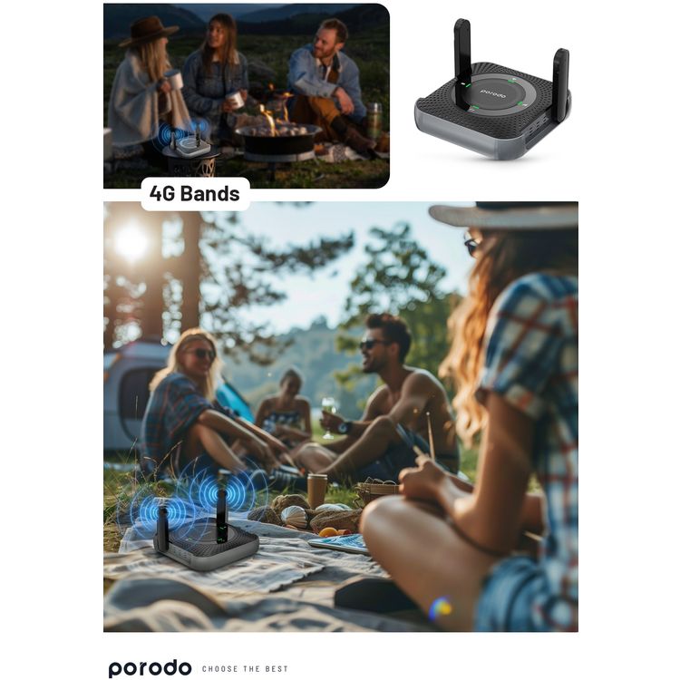 Porodo Home & Outdoor Portable Router 4G & LTE, 40m Signal Distance, 12 Hours Working Time, Up-to 10 Devices Connection Ability, 100Mbps LAN, Built-in Battery, Micro SIM, CPE & MiFi, CAT4 Category, 150Mbps Download Rates & 50Mbps Upload Rates - Black / Gray