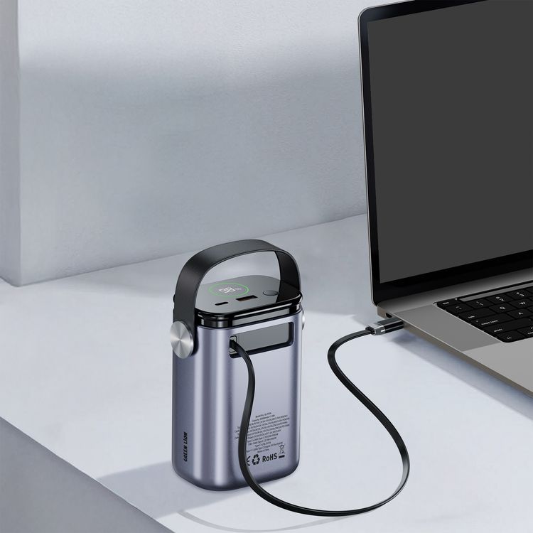 Green Lion Bridge 30 Power Bank with 30000mAh Capacity, High-Speed Charging, Digital Display Indicator, Multi-Device Charging, Built-in Safeguards, Laptop-Ready Power, 65W Fast-Recharge Input, PD 100W High-Speed Output, Portable Carry Handle - Gray