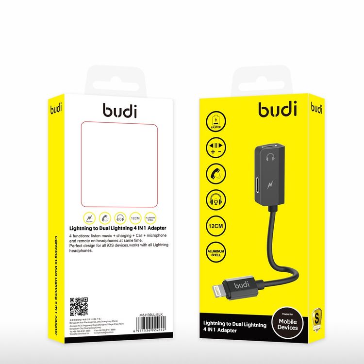 Budi Lightning To Dual Lightning 4 in 1 Adapter - Black