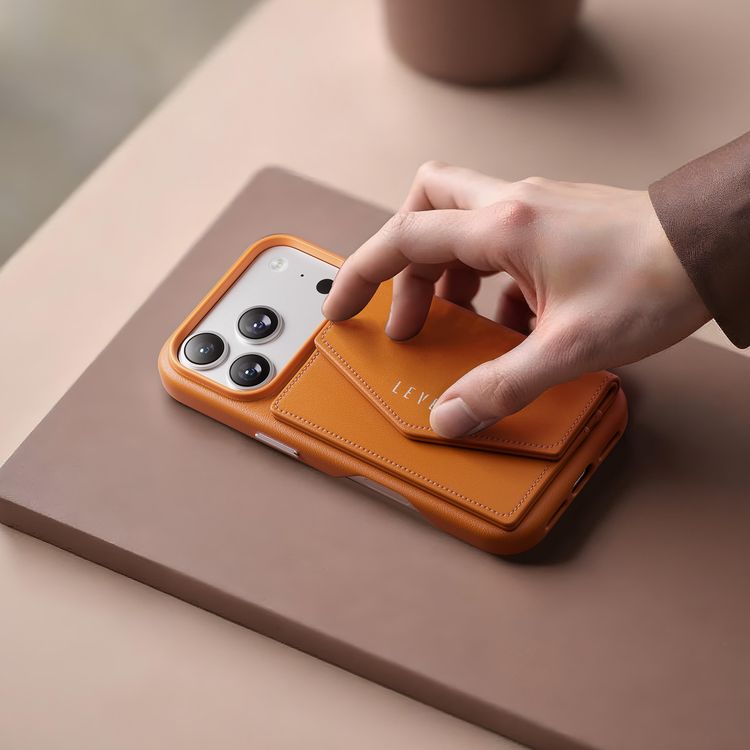 Levelo Vertex PU Leather Wallet Case for iPhone 17 Pro, Shock-Resistant Bumper, Raised Bezels for Camera & Screen, MagSafe Compatible, Drop-Tested, Full-Wrap Leather Build, Detachable Magnetic Wallet - Orange