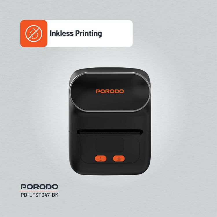 Porodo Super HD Thermal Printer with Bluetooth, 1200mAh Battery Capacity, 2.5 Hours Recharge Time, 1.5 Hours Working Time, 20-50mm Label Width, Super HD - Black