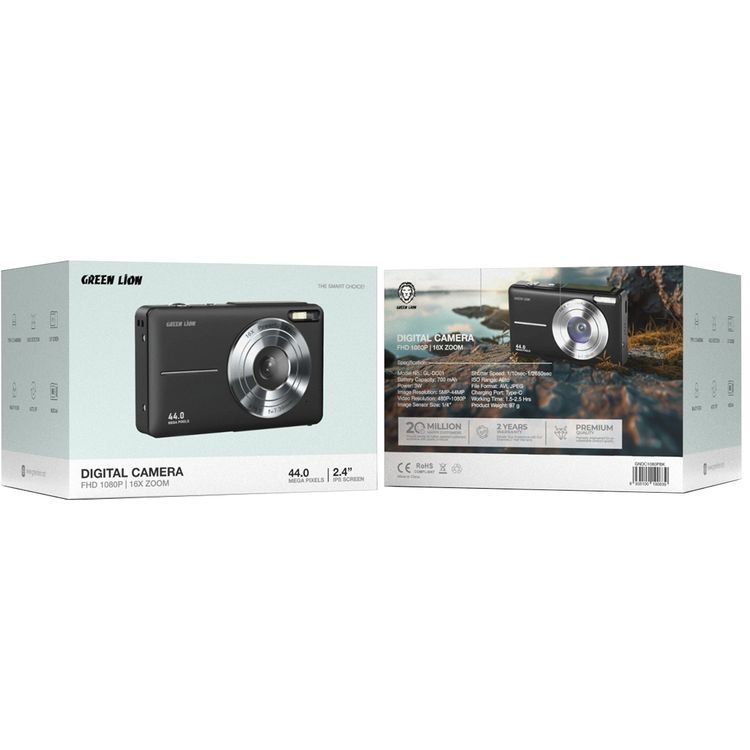 Green Lion Digital Camera with 1080P Video Resolution, Up to 2.5 Hours Working Time, 44MP Image Resolution, 2.4" Screen, 16x Zoom Level - Black