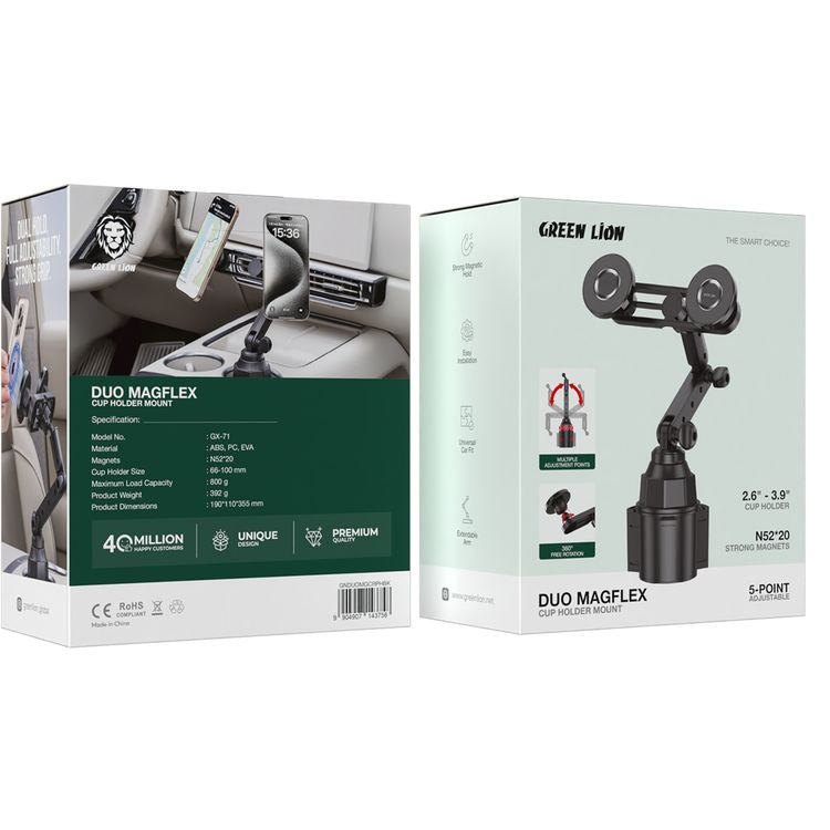Green Lion Duo Magflex Cup Holder Mount with 20 × N52 Strong Magnets, 360° Free Rotation, 5-Point Adjustable, Easy Installation, Universal Car Fit, Extendable Arm, 2.6" - 3.9" Cup Holder - Black