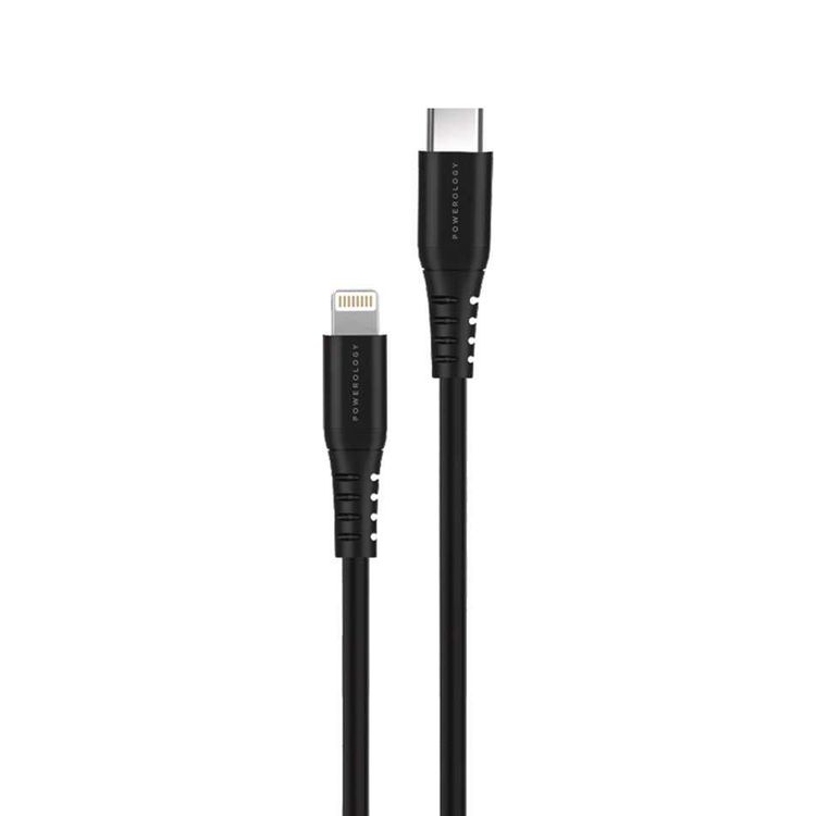Powerology Ultra-Quick USB-C Charger with USB-C to Lightning Cable, 20W Power Delivery, 1.2m Cable Length, 0%-60% Charge in 35 Minutes, Built-in Safeguards - Black