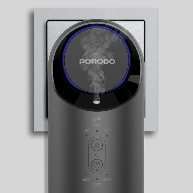 Porodo Wall Plug-in Essential Oil Diffuser with Customizable Mist Intervals, 120mL Capacity, 200-250m³ Coverage Area, 60s, 180s & 360s Timer Settings, Refill Indicator Light, Waterless Diffusion - Black