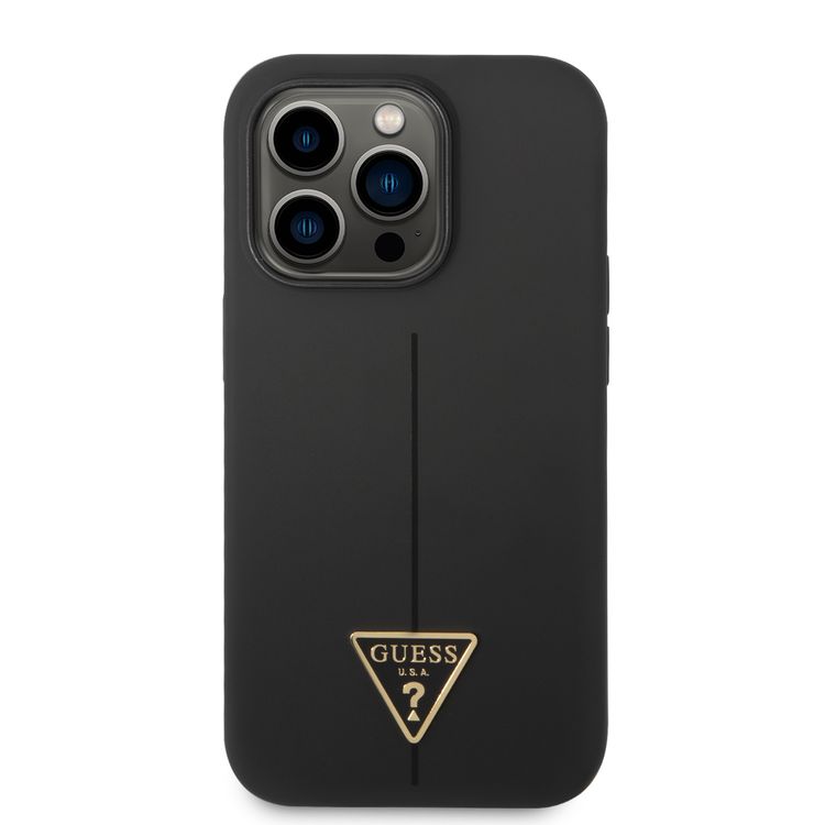 Guess Liquid Silicone Case with Shiny Line & Metal Triangle Tone Logo iPhone 14 Pro Max Compatibility - Black