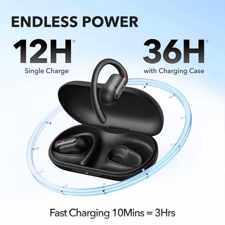 Soundcore V30i Open-Ear Earbuds, Deep Bass, Sweatproof, Dynamic Driver Type, 10 m Bluetooth Range, 12 Hours Play Time, 36 Hours Battery Life - Black