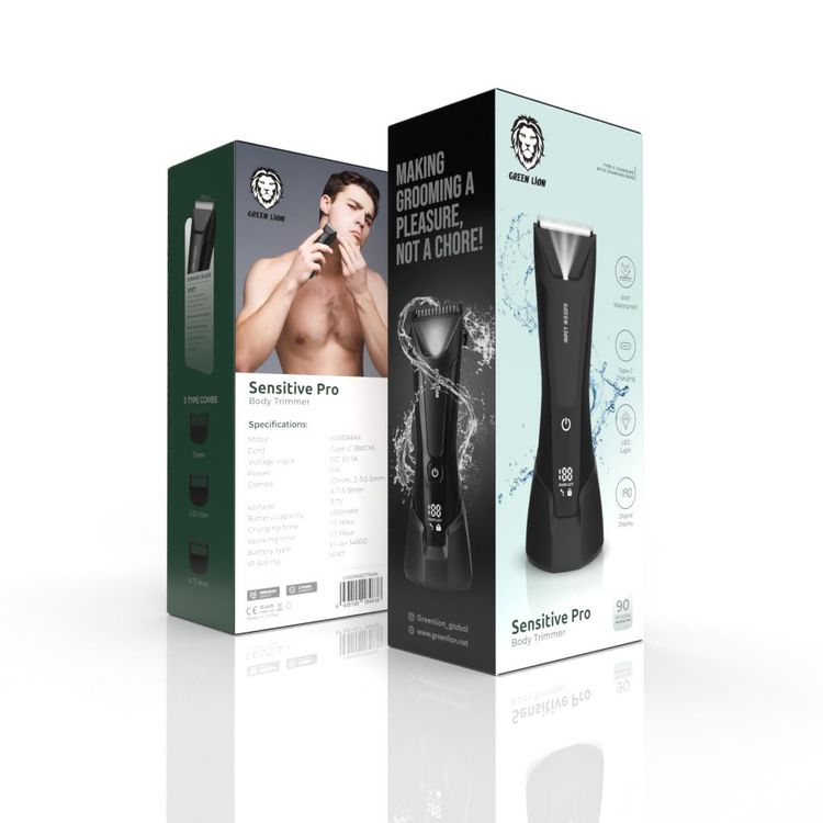 Green Lion Sensitive Pro Body Trimmer, 600mAh Battery Capacity, 7 Different Comb Size, LED Light, Type-C Charging, IPX7 Waterproof - Black