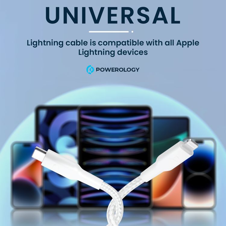 Powerology Braided USB-C to Lightning with 60W Power Delivery, 30cm Cable Length, Universal Compatibility, Fast Charge & Data Transfer - White