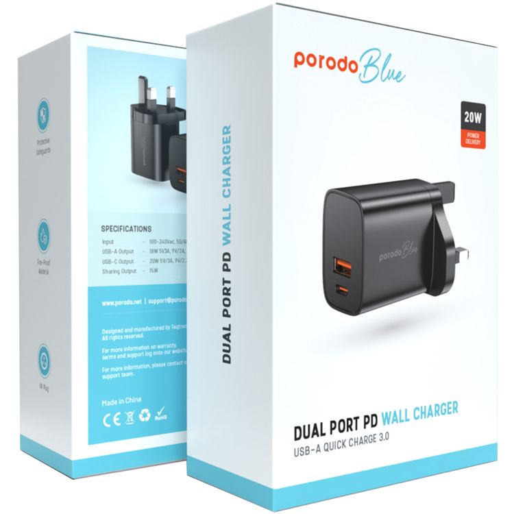 Porodo Blue Dual Port Wall Charger with 20W Power Delivery, Simultaneous Charging, 18W USB-A Output, UK 3-Pin Plug, Fireproof Material, Fast charging - Black
