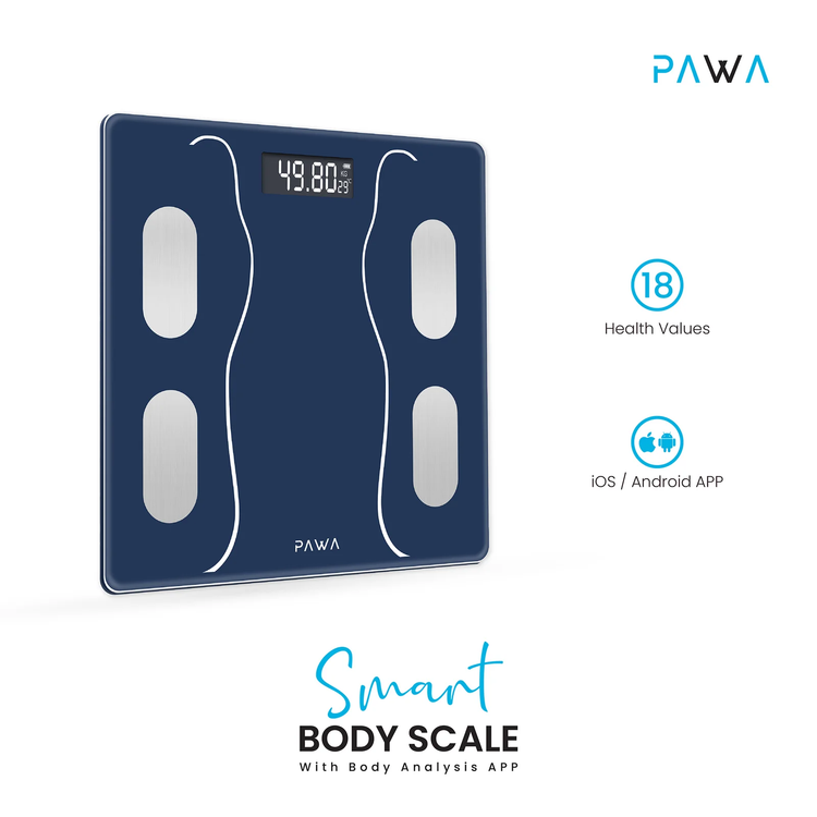 PAWA Smart Body Scale with Body Analysis iOS & Android App, 2.6" LCD Display, Kilogram & Pound Measurement Units, 2 x AAA Batteries, 180kg Maximum Weight Capacity - Dark Blue