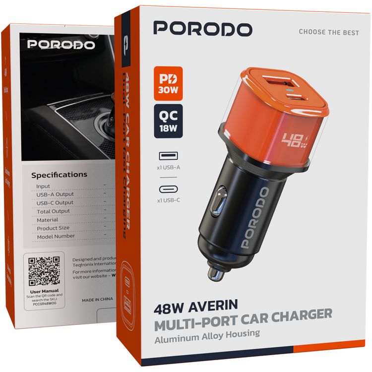 Porodo Averin Multi-Port Car Charger with Aluminum Alloy Housing, Simultaneous Fast Charging, Universal Compatibility - Orange